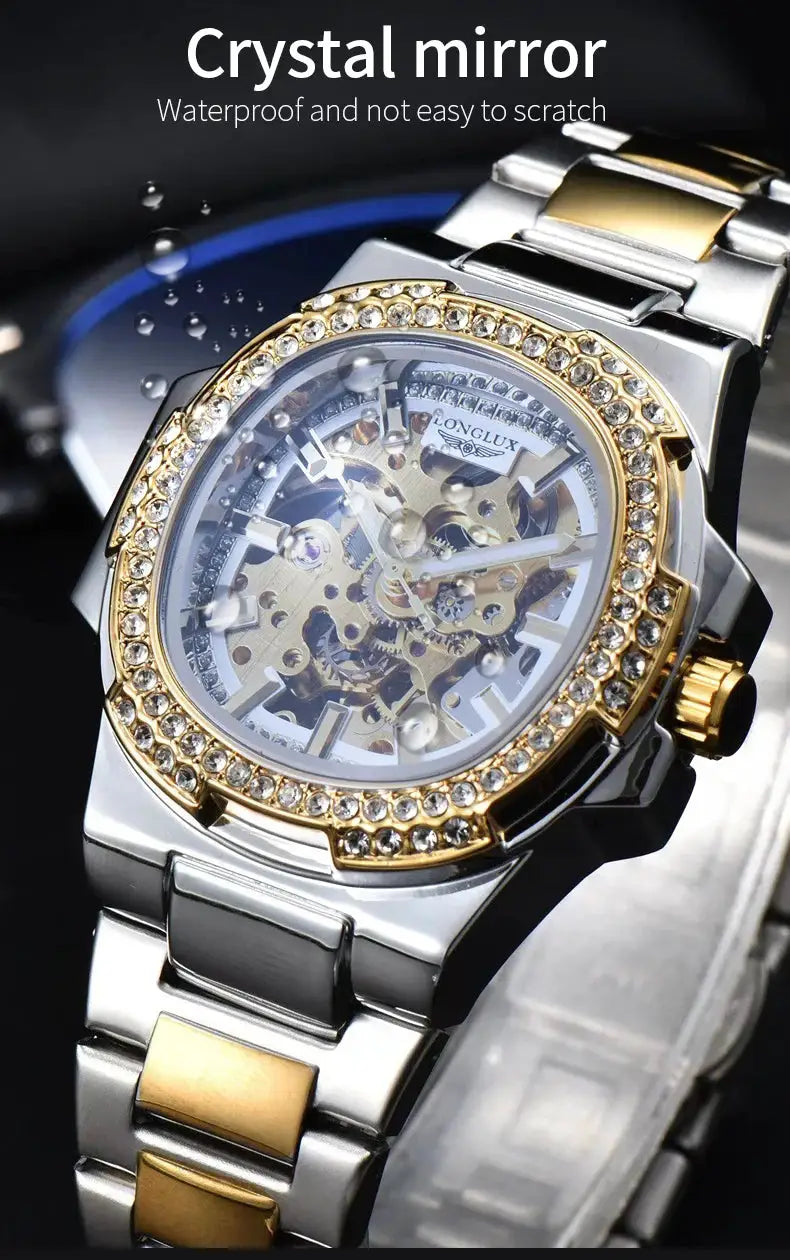 LONGLUX skeleton automatic men's watch with diamond-studded gold bezel and two-tone stainless steel bracelet