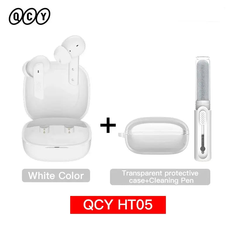 QCY HT05 ANC wireless earbuds with charging case in white; includes transparent protective case and cleaning pen