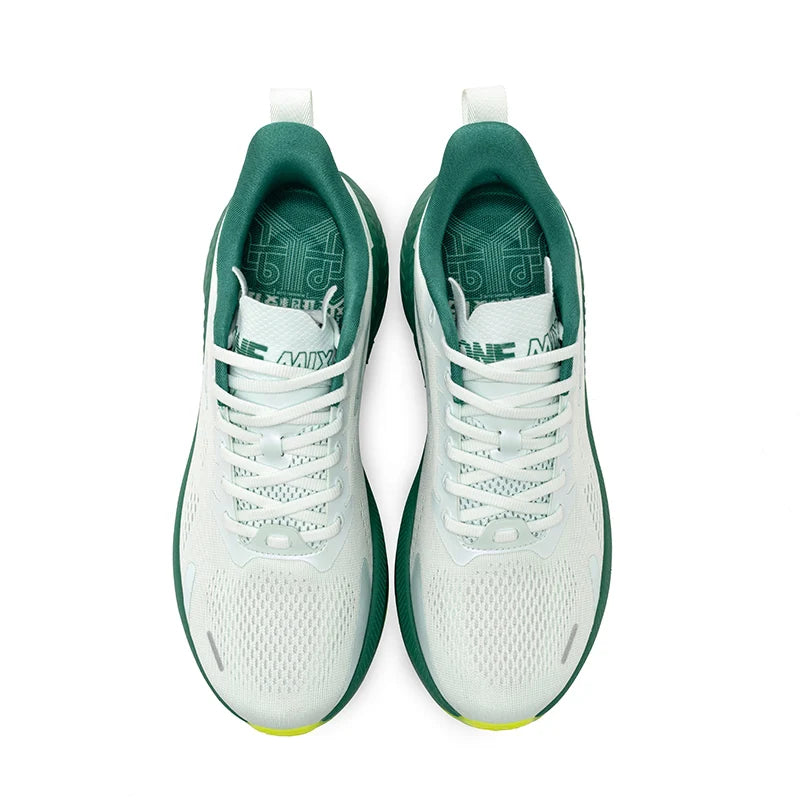 ONEMIX men's breathable running shoes, white with green accents, lightweight athletic sneakers for outdoor jogging, pair