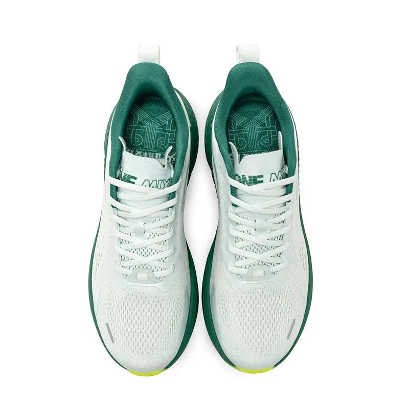 ONEMIX men's breathable running shoes; white upper with green accents, pair of athletic sneakers
