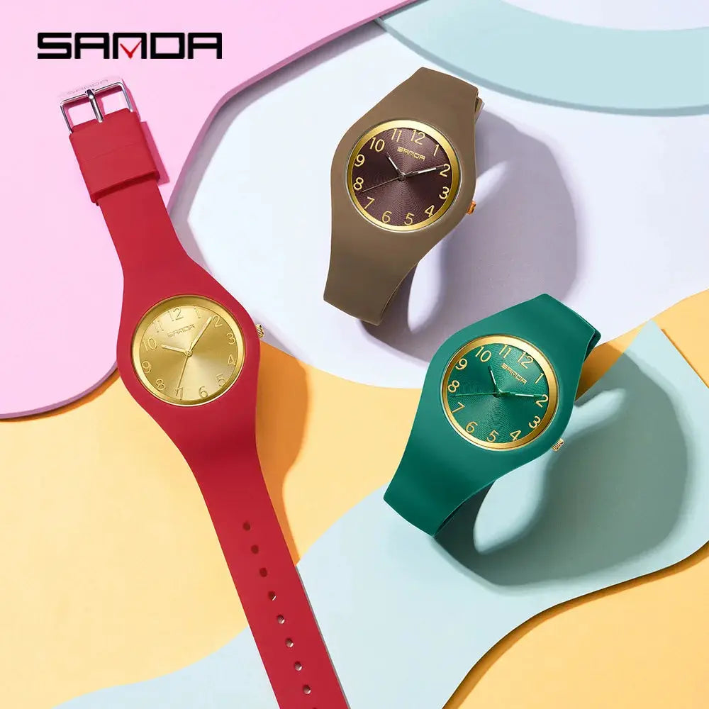 SANDA 6186 silicone-strap wristwatch set in red, tan, and green with gold-tone dials