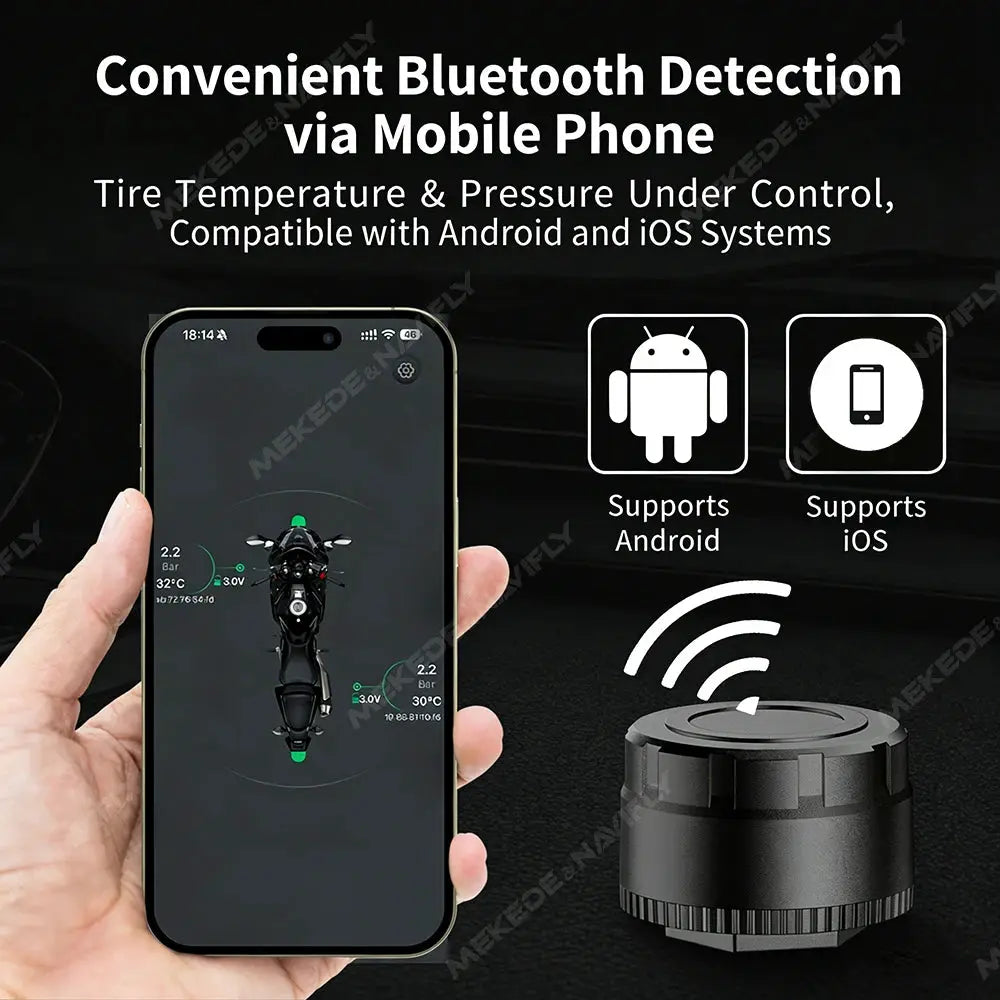 Navifly TPMS Bluetooth tire pressure monitor with Android/iOS app on smartphone screen displaying motorcycle.