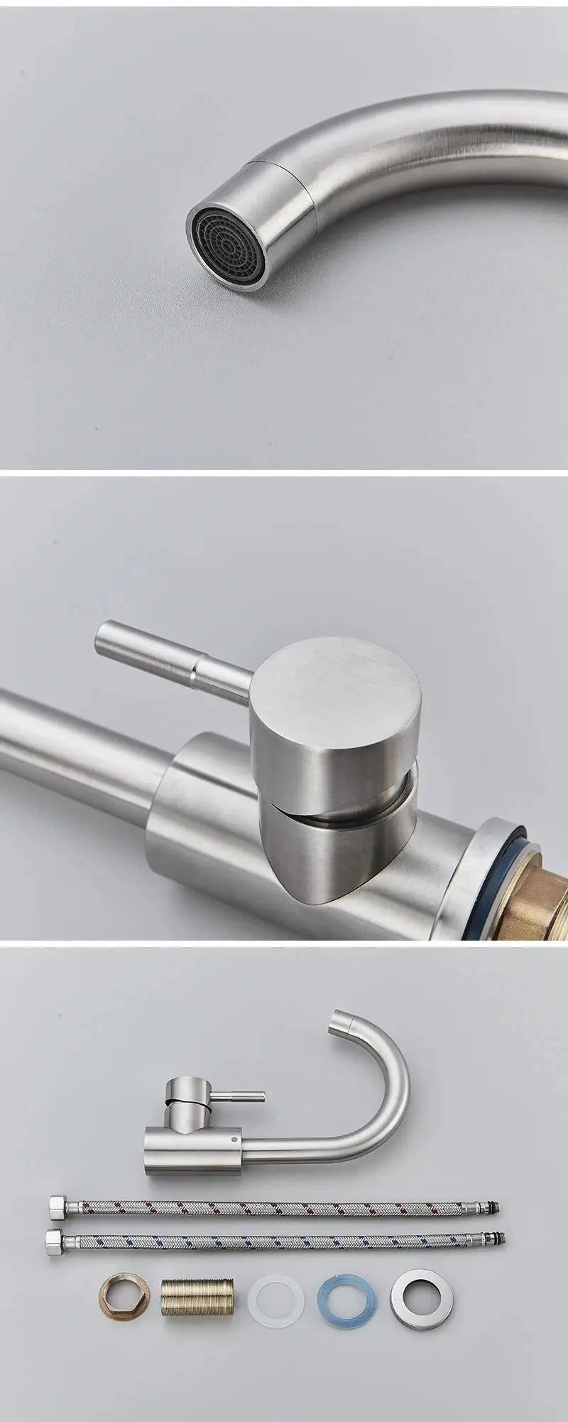 304 stainless steel bathroom basin faucet hot and cold mixer, 360° rotation; includes two braided supply hoses