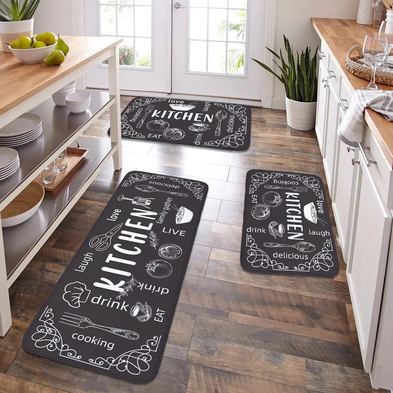 VIKAMA kitchen mats set of 3; black chalkboard design, washable, non-slip, absorbent for kitchen and bathroom.