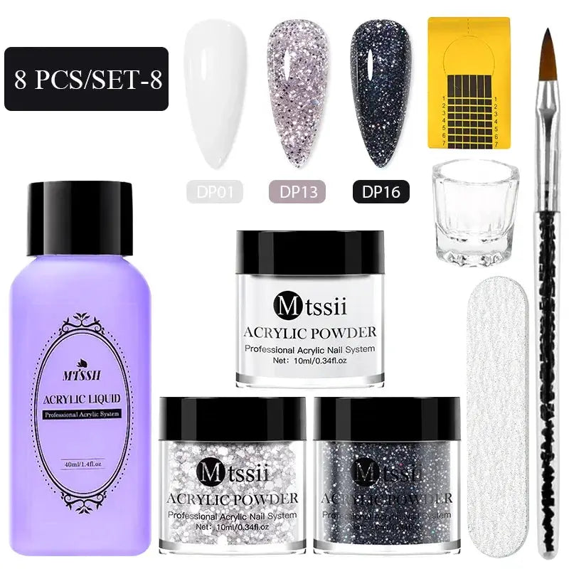 Simples Market MTSSII 8pc acrylic powder nail system set with monomer liquid, brush, and glitter powders