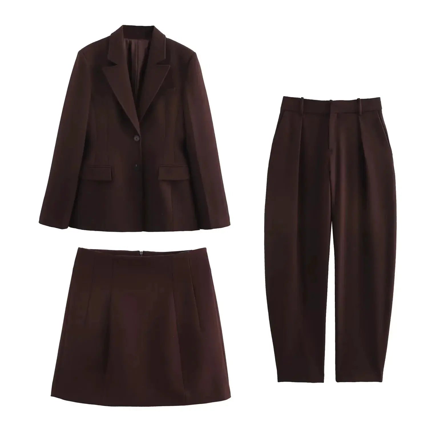 Women's burgundy suit set with blazer, pockets, skirt, and wide-leg pants.