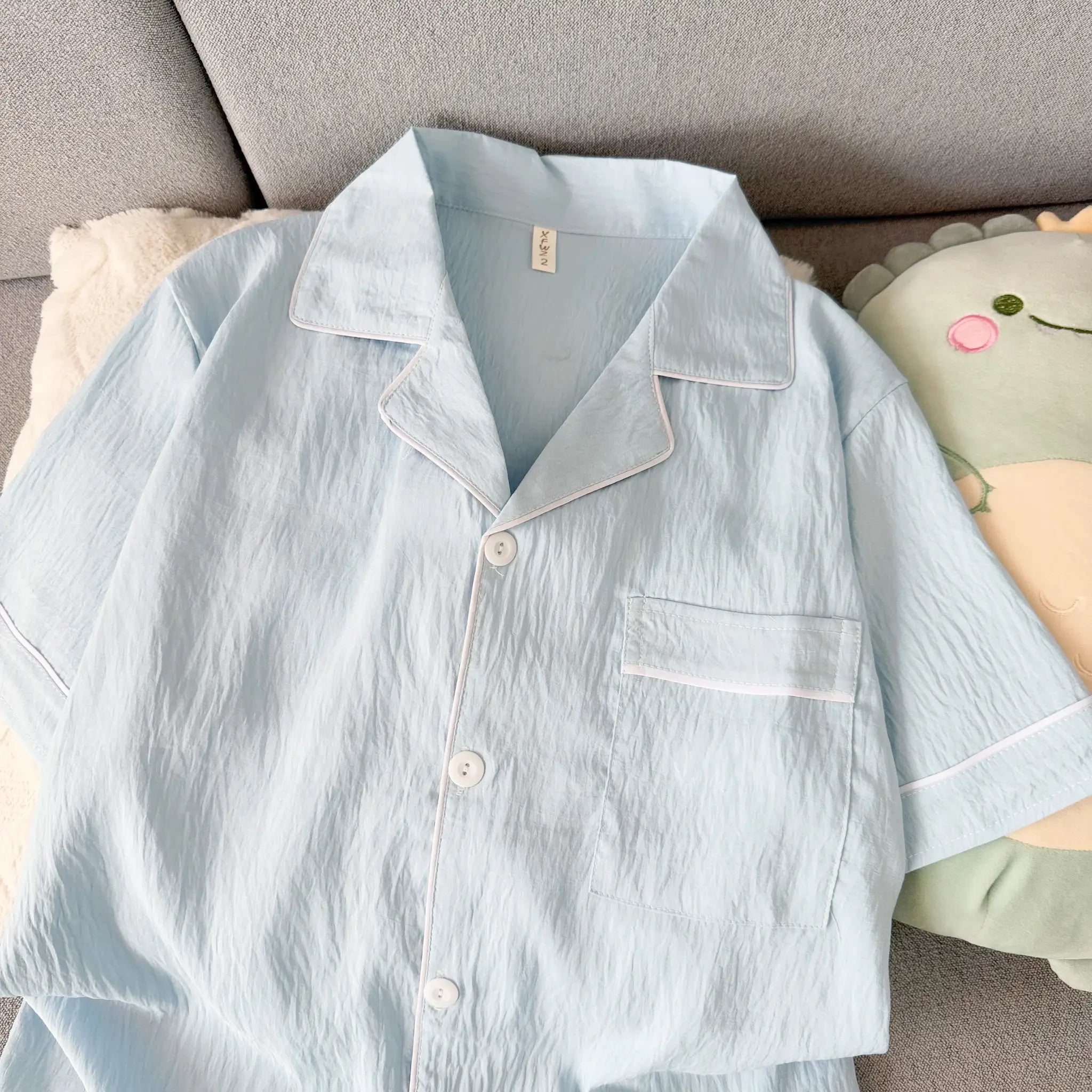 Youth Men's Slim Fit New Pajama Set Solid Color Short Sleeve Lapel Top and Elastic Shorts Pajamas Summer Loungewear Sleepwear