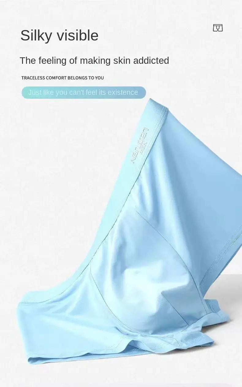 Men's ice silk boxer shorts in blue, breathable underpants with smooth fabric drape and visible stitching