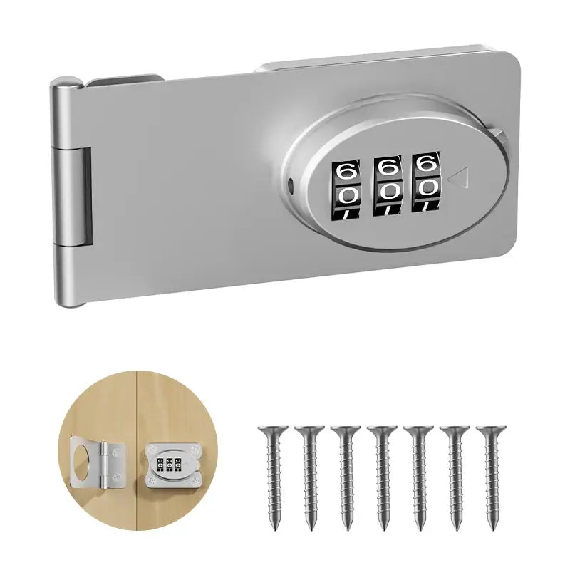 Mechanical password lock door latch by Simples Market; silver metal, 4-digit combination wheels, 8 screws included