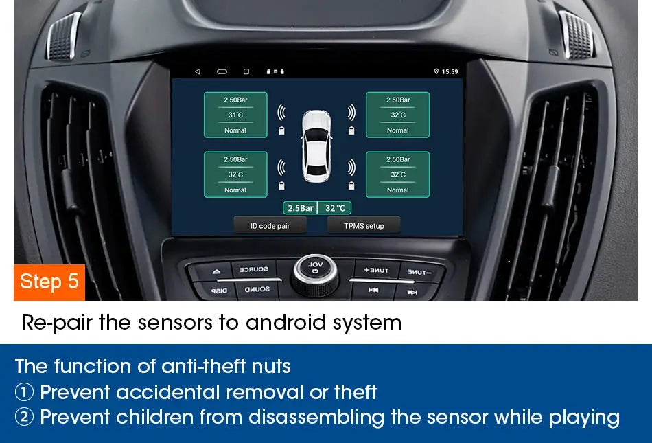 JMCQ USB Android TPMS display on car dashboard showing tire pressure readouts on a blue screen with green panels