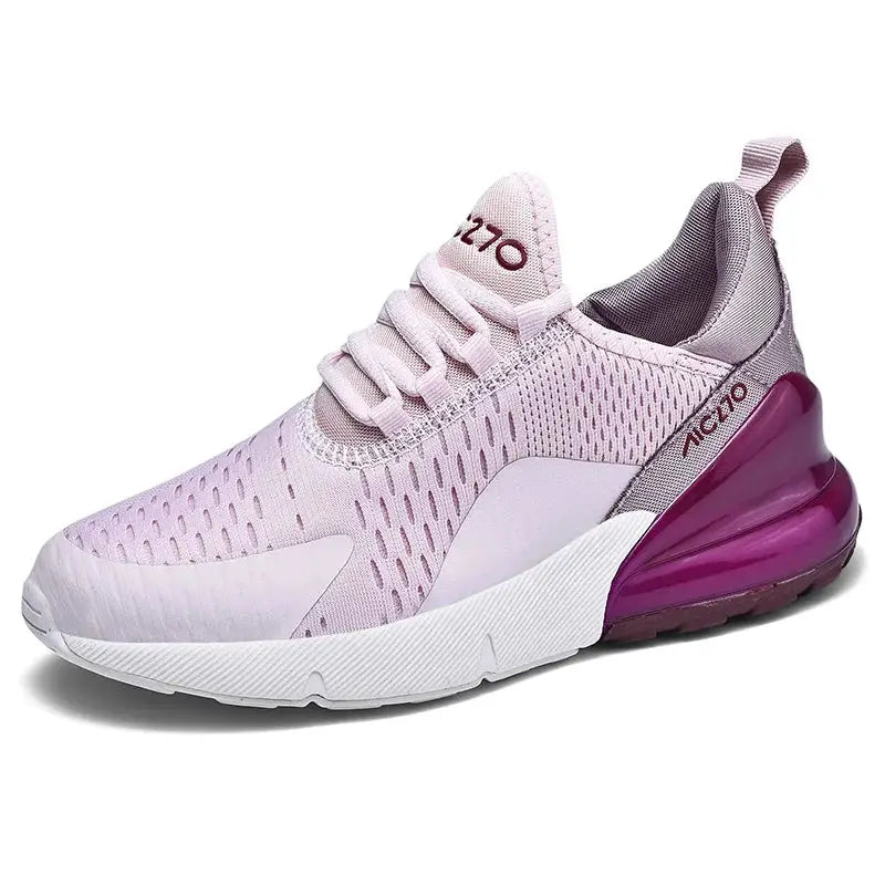 Pink mesh sneakers with white chunky sole and purple heel accent, breathable casual running shoes for autumn