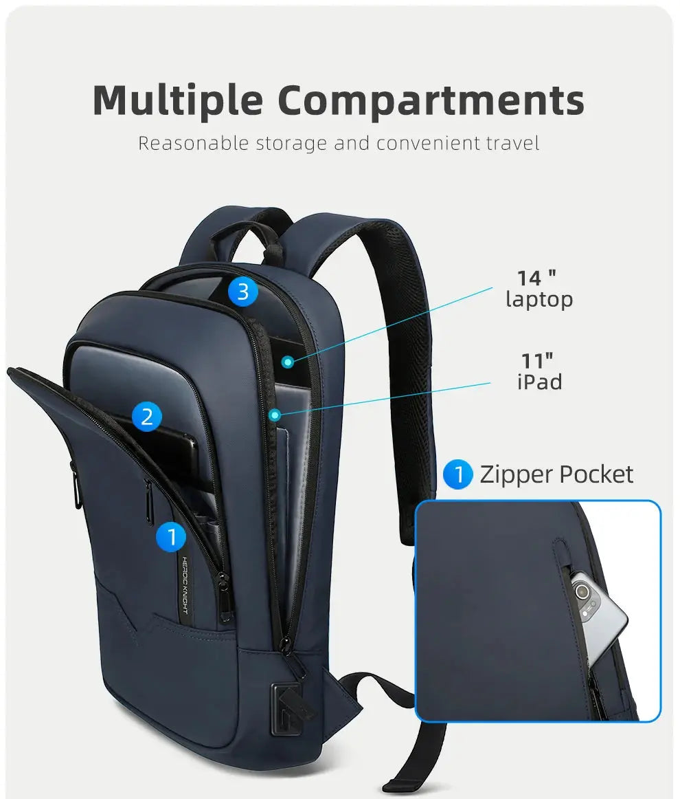Simples Market HK Slim Backpack in navy, waterproof laptop bag for men with multiple compartments and USB charging.