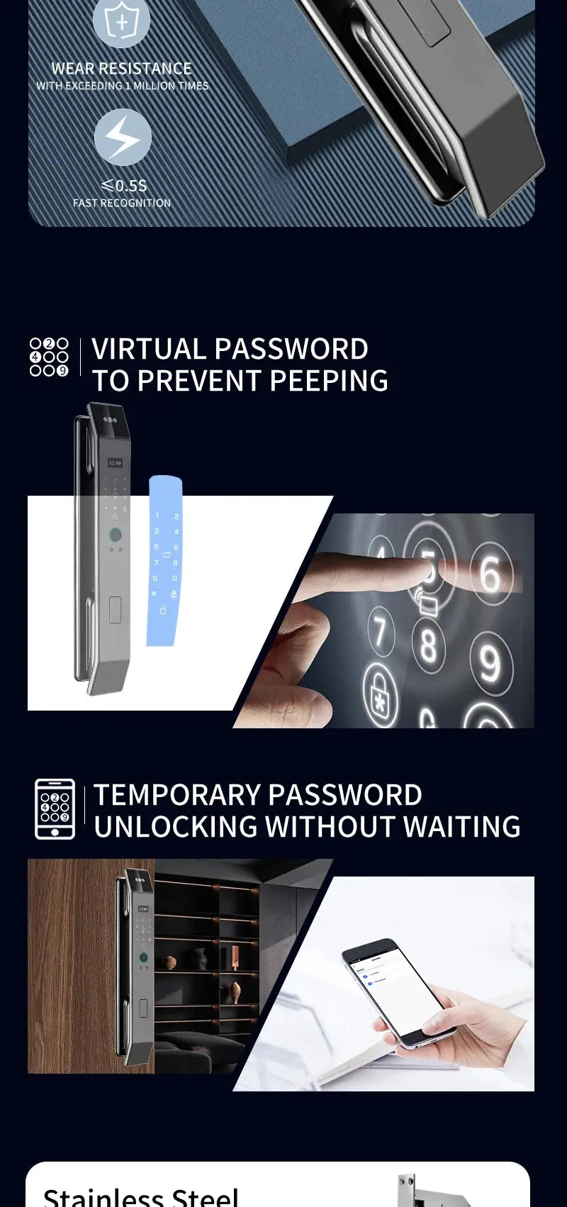 XSDTS WiFi Tuya smart door lock with camera and face recognition; stainless steel body with video intercom.