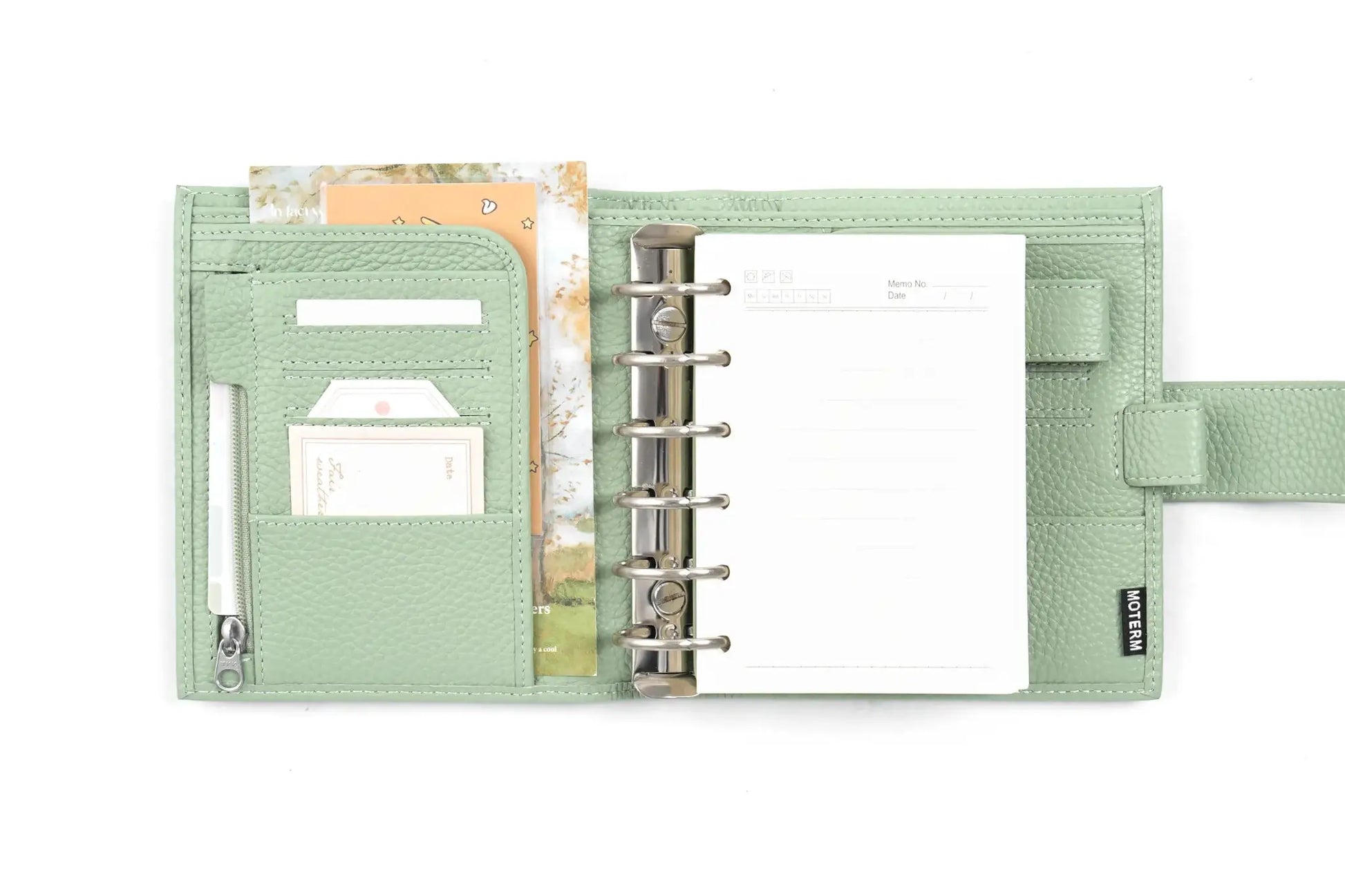 Moterm Luxe 2.0 pocket planner in pebble green leather with 30mm ring binder, A7 size