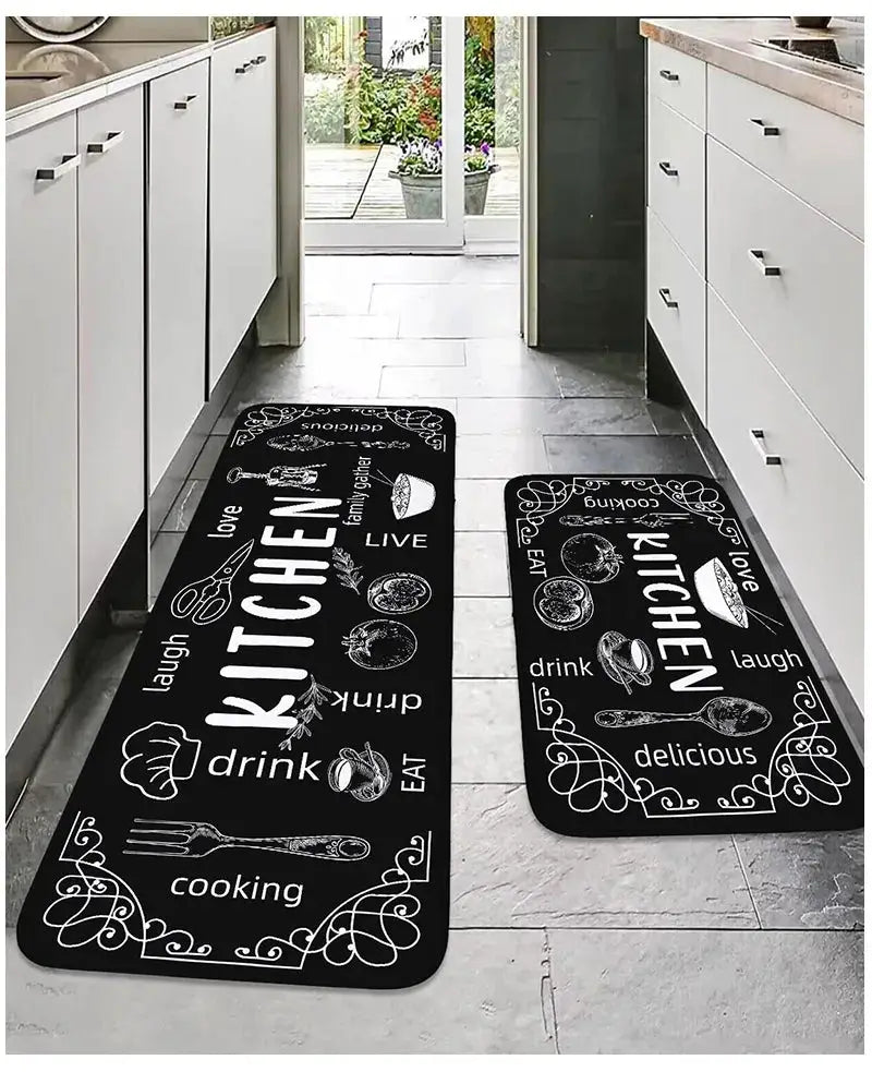 VIKAMA kitchen mats, two black, washable, non-slip, absorbent floor mats.
