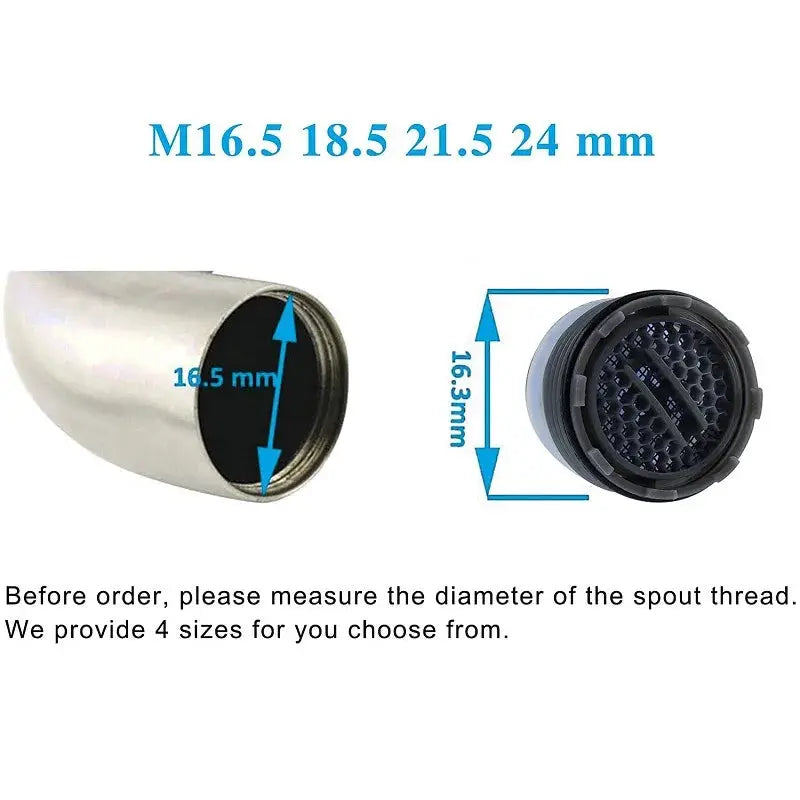 2-piece faucet aerator set with metal housing and black filter insert, M16.5–24 mm thread sizes