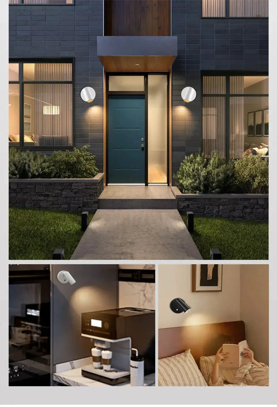 Rechargeable LED wall lamp by Simples Market; four circular fixtures shown, exterior silver and interior white/black.