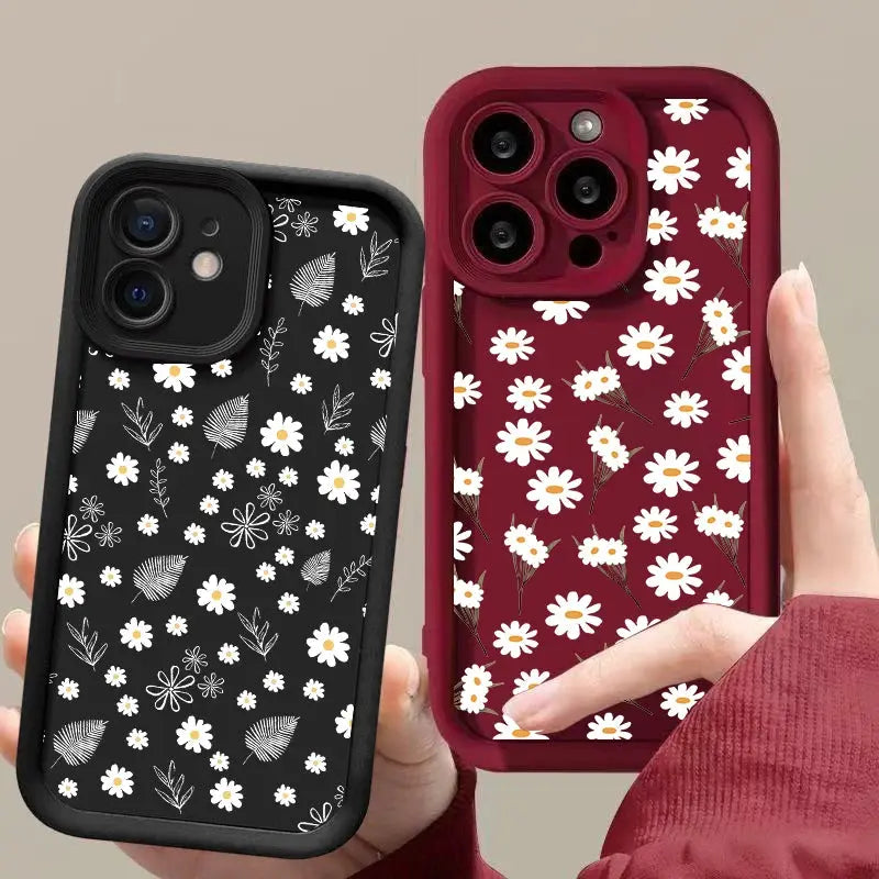 DaisyShield White Daisy Flower Silicone Case For iPhone 12 13 14 15 16 17 Full Coverage Shockproof Protection