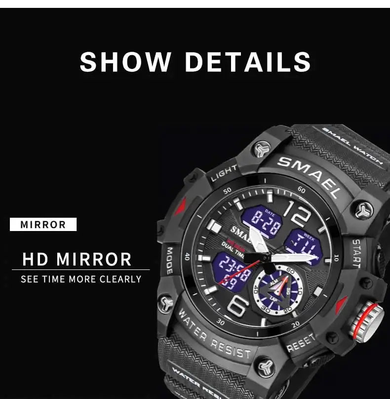 SMAEL sport watch for men with black rugged bezel, LED backlight, dual time display, water resistant