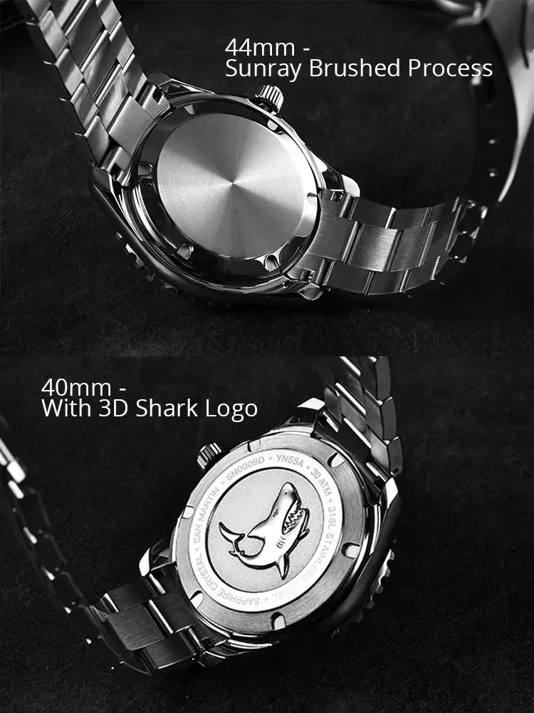 San Martin diver watch; stainless steel bracelet, 44mm sunray-brushed case and 3D shark logo caseback.