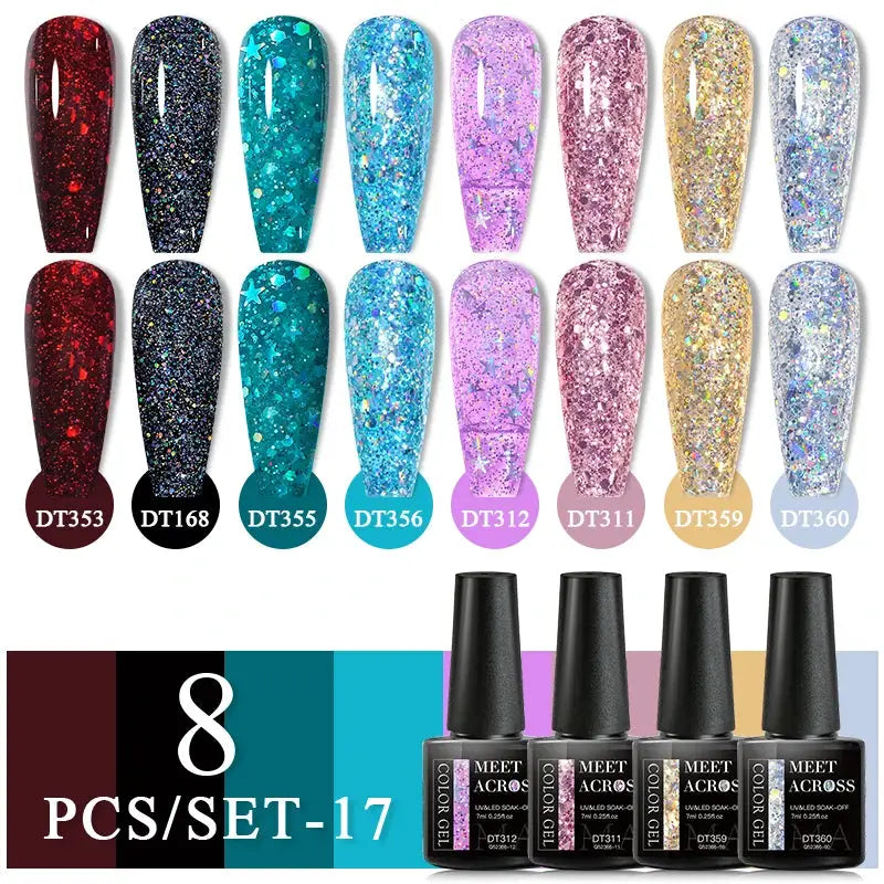 MEET ACROSS 8Pcs Glitter Gel Nail Polish Set by Simples Market; 8 UV soak-off glitter shades.
