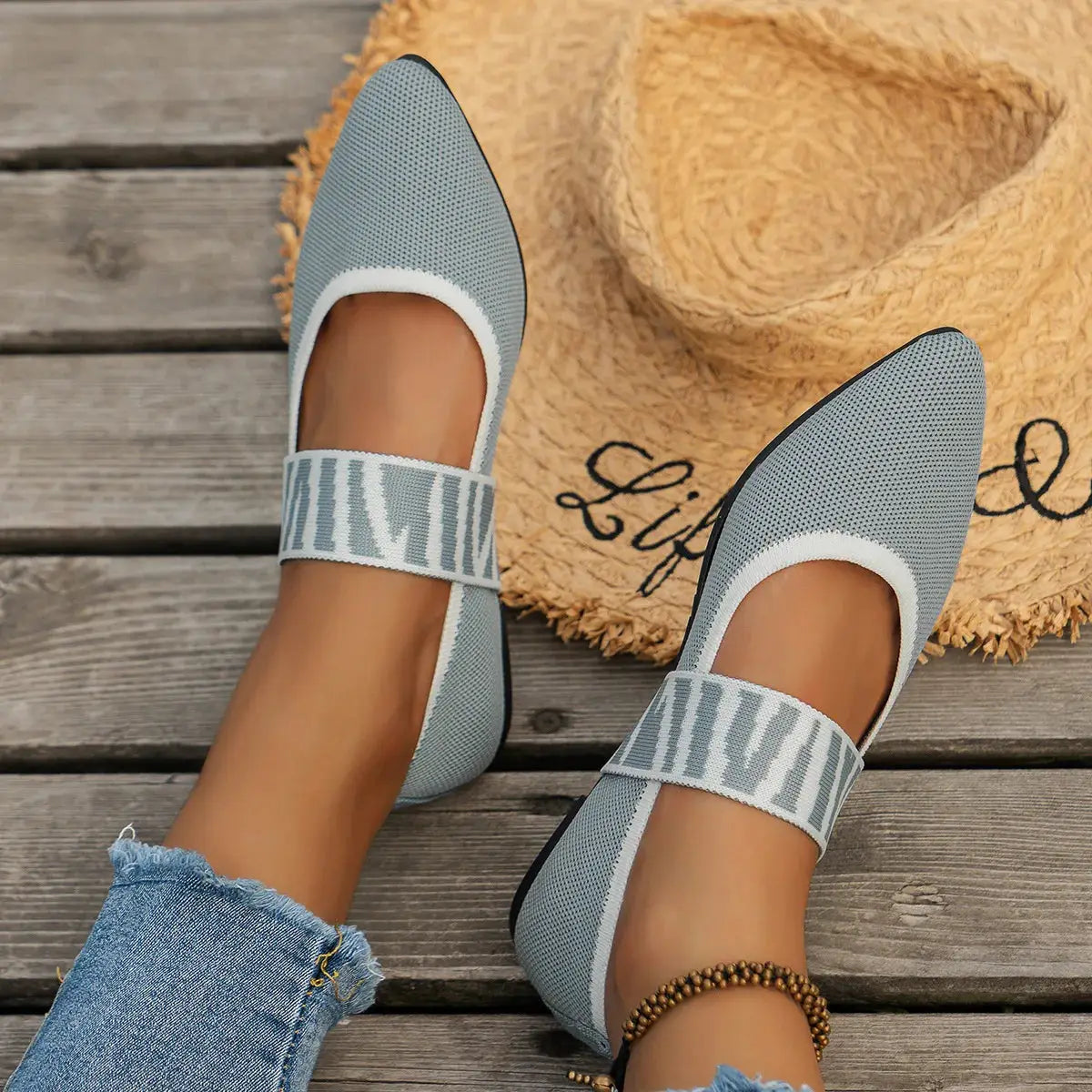 Knitted Color Block Women Flat Shoes Pointed Toe Ballet Flats