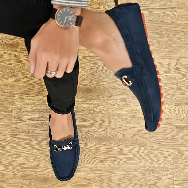 YRZL men's blue suede loafers with gold buckle, slip-on driving moccasin style.