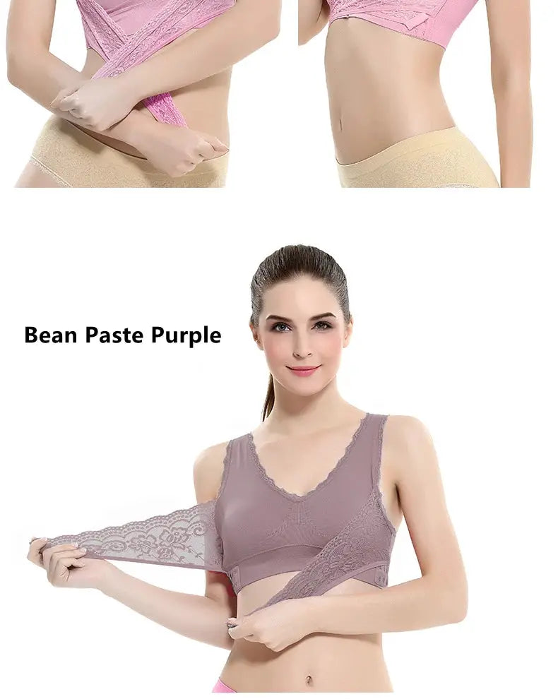 S-4XL Cross Side Buckle lace sports bra, two colorways: Bean Paste Purple and pink