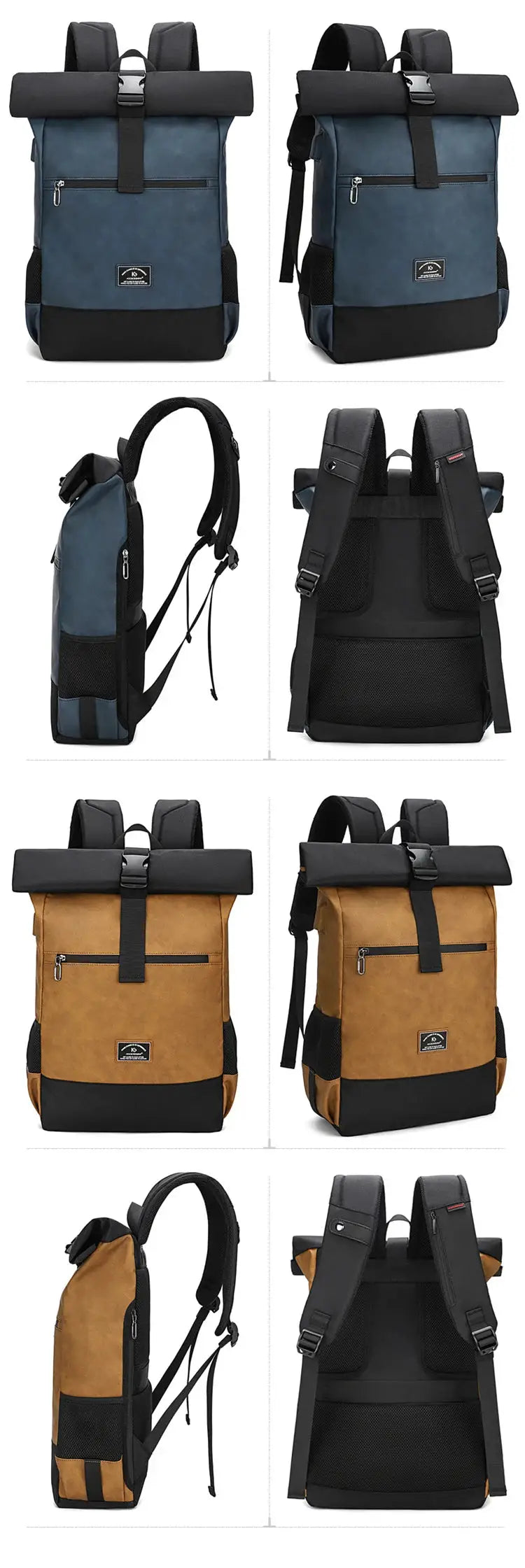 Waterproof USB laptop backpack in blue and brown PU leather roll-top by Simples Market.