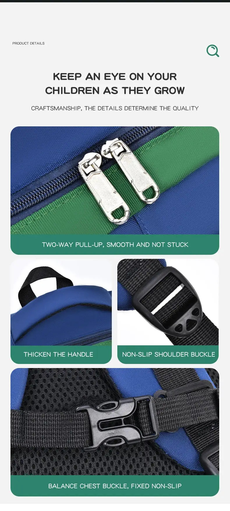 Kids' waterproof school backpack by Simples Market in blue and green with dual zippers, padded handle, and chest buckle