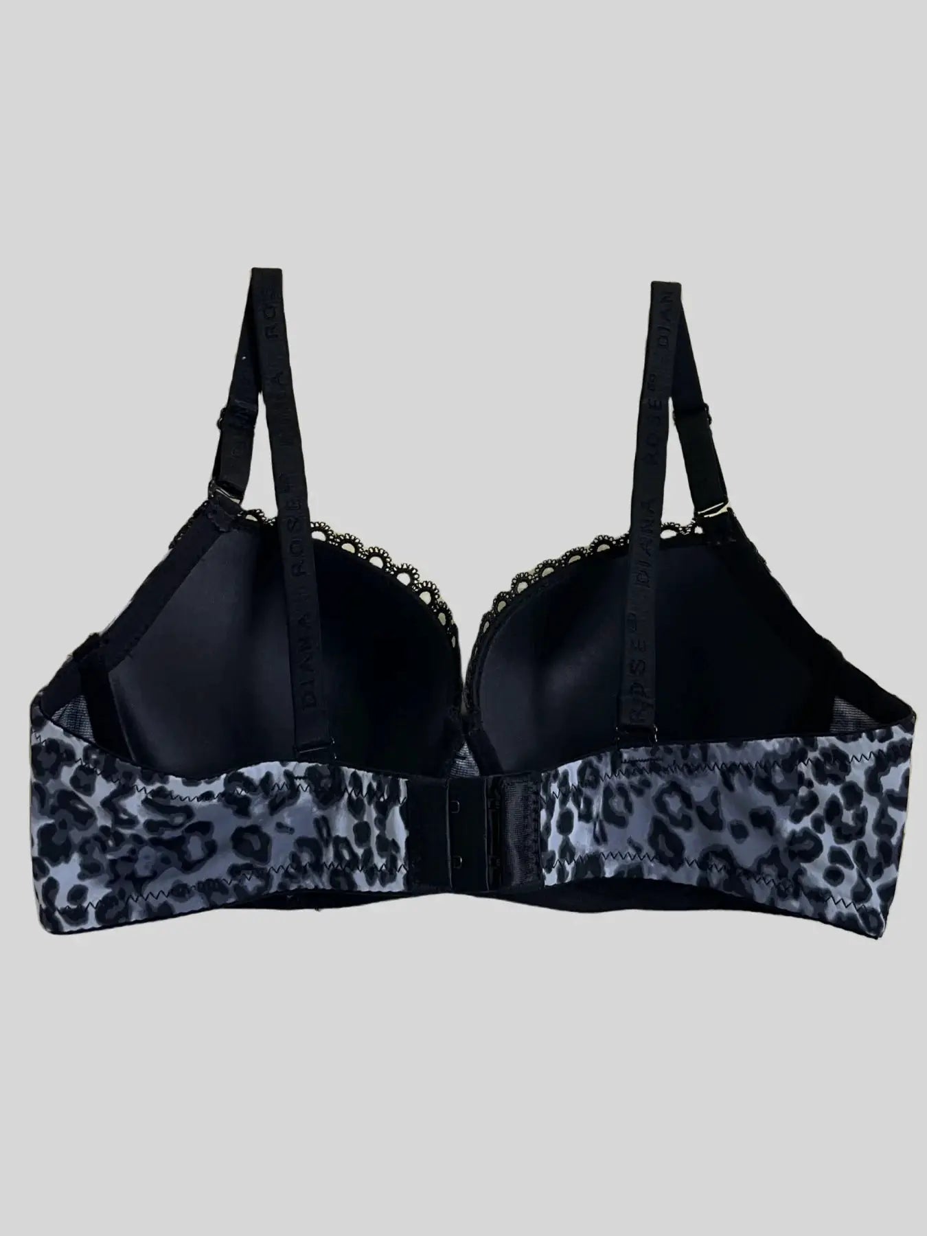 Diana Rose leopard-print push-up bra with black cups and lace trim, adjustable straps