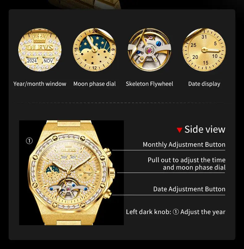 OLEVS gold-tone steel men's watch with tourbillon, skeleton dial, date and moon phase
