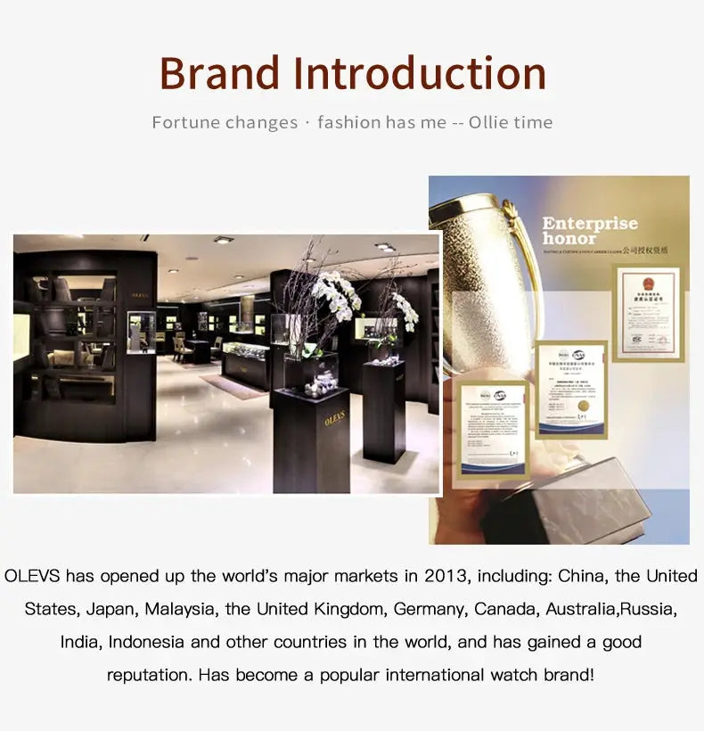 OLEVS watch brand intro collage by Simples Market showing showroom interior and awards