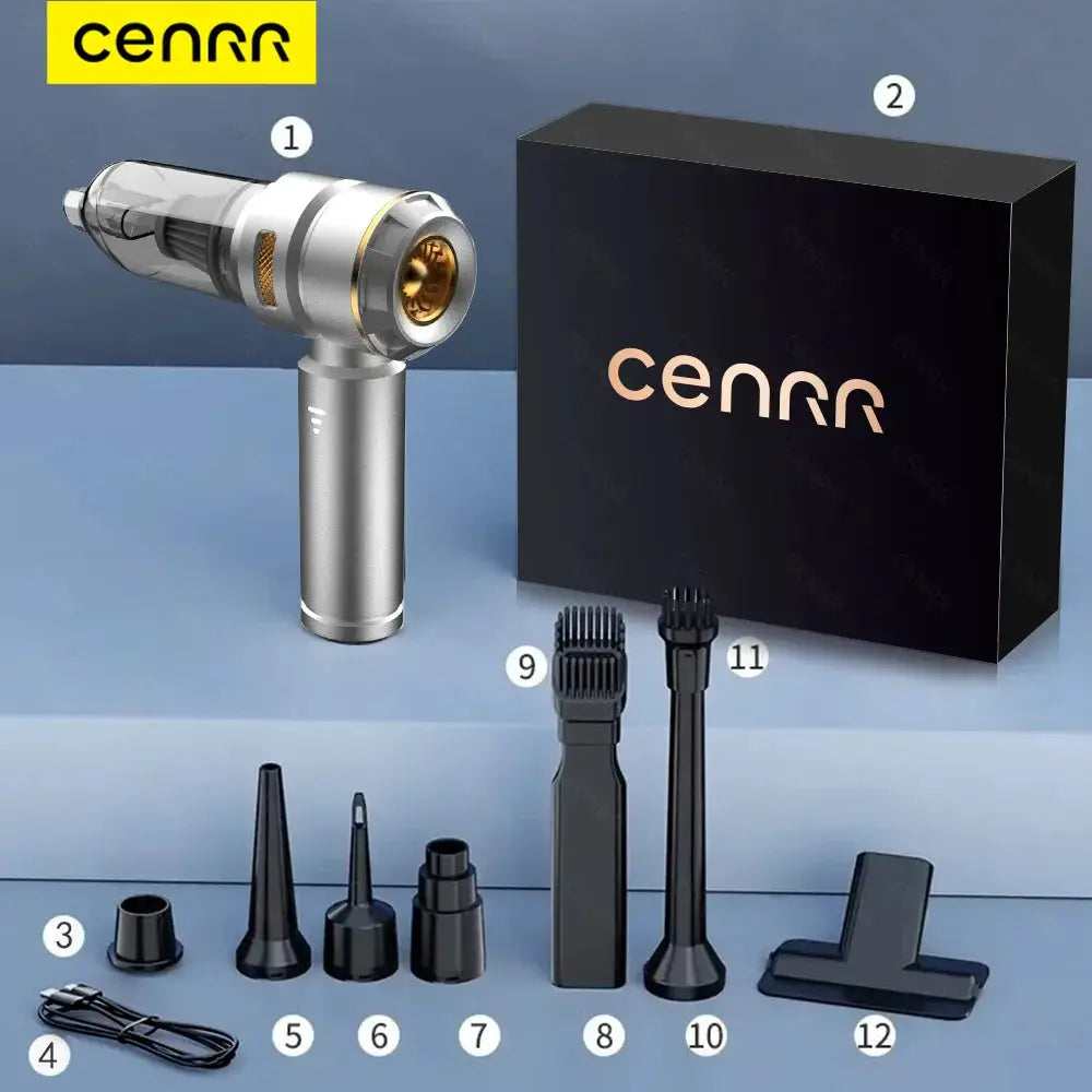 CENRR handheld car vacuum cleaner, silver body, 12-piece kit with multiple nozzles and brushes