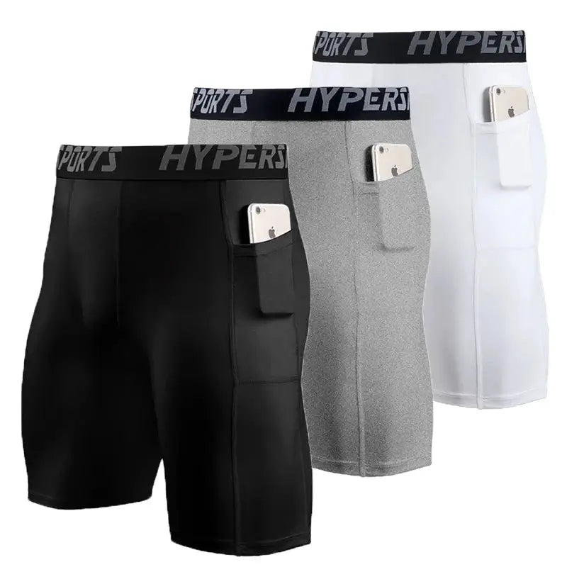 Men's compression shorts 3-pack in black, grey, and white with Hypers waistband and side phone pocket.