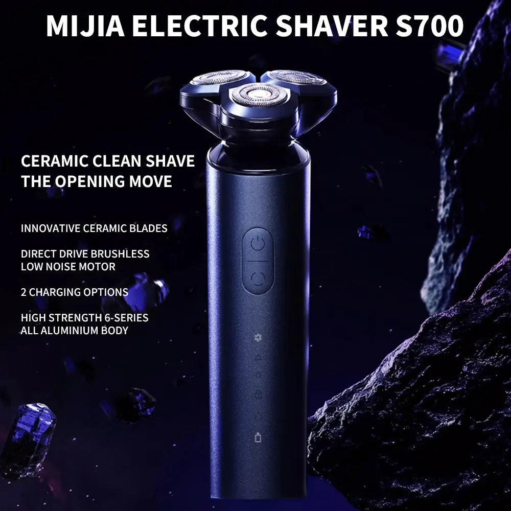 MIJIA Electric Shaver S700 blue aluminum body with 3-head rotary blades and waterproof design