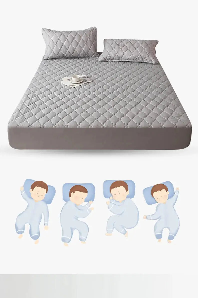 Simples Market pillowcase, solid gray, waterproof and breathable; bed with 2 pillows and 4 cartoon babies.