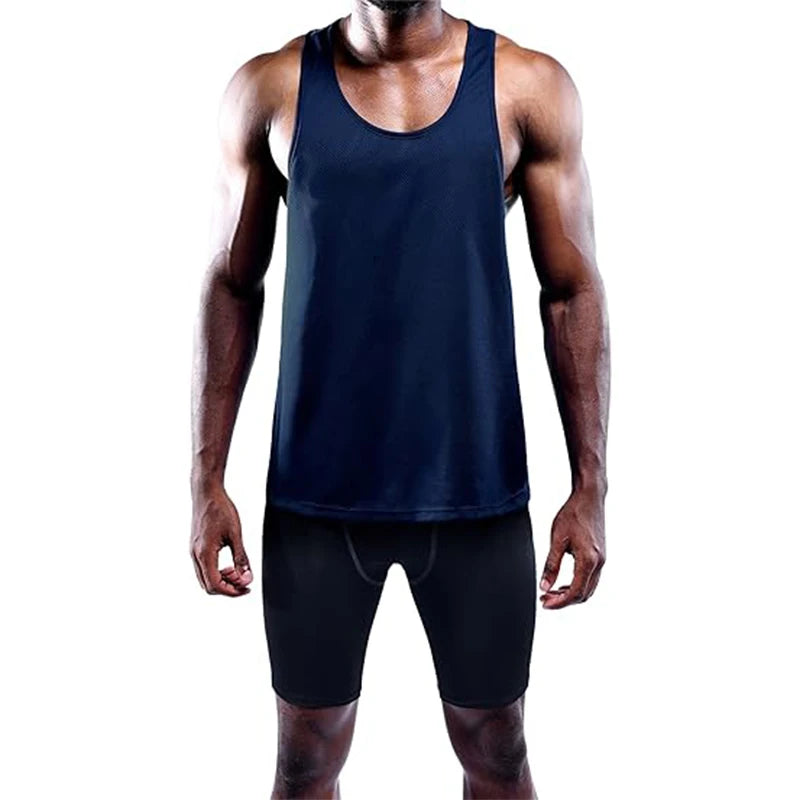 Men's running tank top navy quick-dry sleeveless gym vest by Simples Market with black shorts