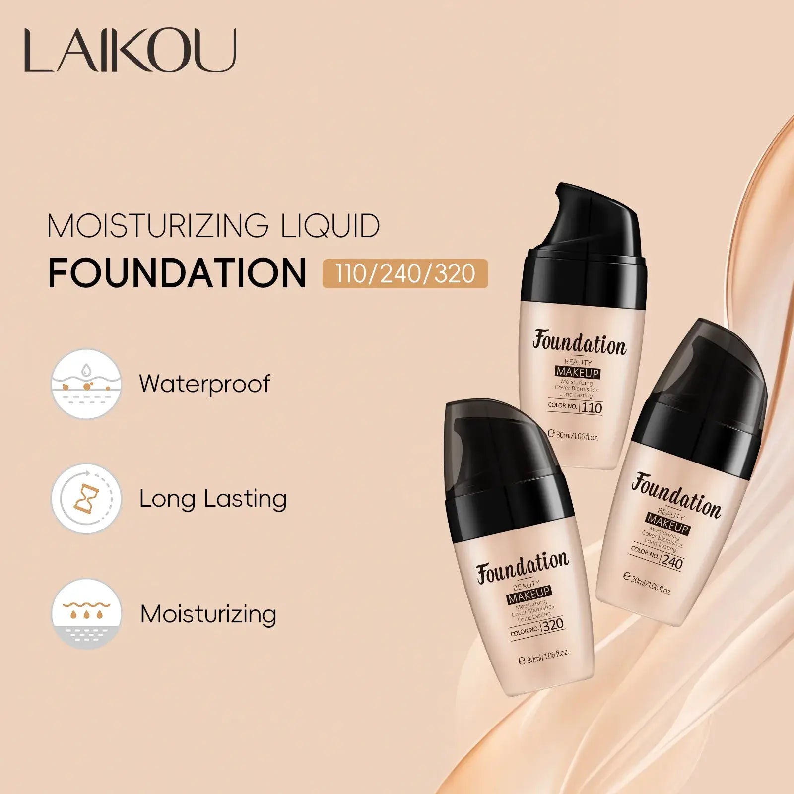Laikou Liquid Foundation Multiple Shades Hydrating Natural Finish Creamy Full Coverage Makeup Base Longwear 30ml