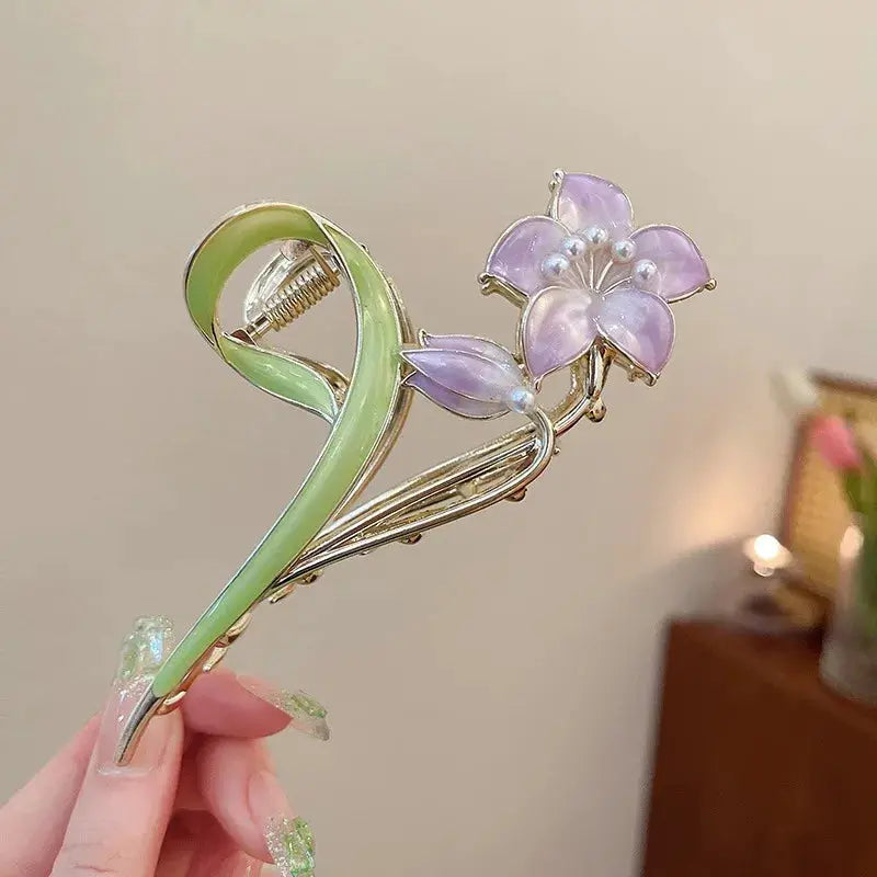 Glamora Metal Hair Claw With Gold Flower Design For Secure Ponytails And Elegant Updos