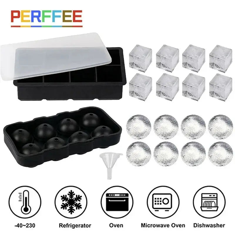 Ice cube mold set by Simples Market; silicone with lid, 4/6/8-grid trays and spherical ice ball molds