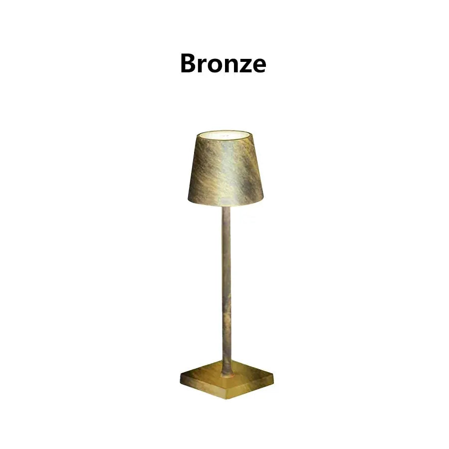 Bronze LED desk lamp with conical shade, USB rechargeable and touch control, 3-color light