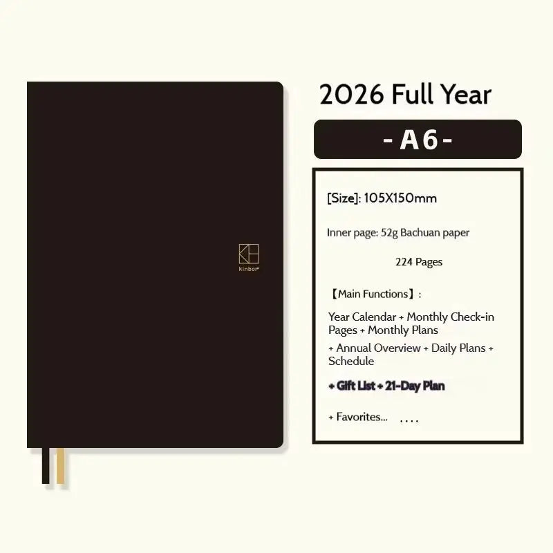 Kinbor notebook 2026 planner with dark brown cover, A6 size, and two ribbon bookmarks.