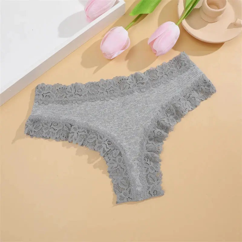 Gray lace-trimmed women's panties with floral edges, soft knit bikini briefs