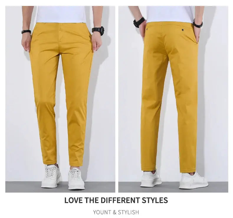 HIQOR Man Pants by Simples Market in mustard yellow cotton, casual breathable summer trousers.