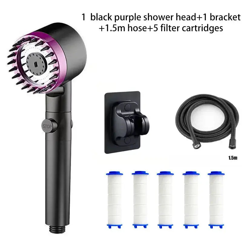 Portable shower filter kit by Simples Market: black-purple multi-mode head, wall bracket, 1.5m hose, five cartridges