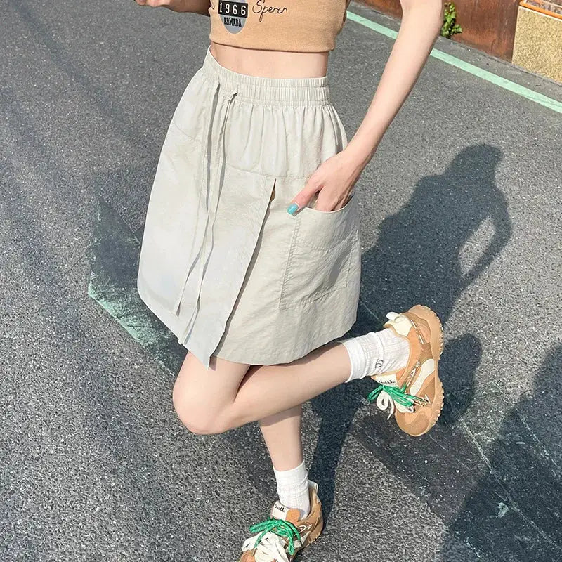Simples Market fake 2-piece shorts-skirt for women, high-waist beige lightweight skort with side slit