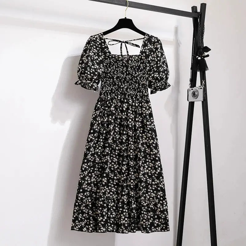Chiffon Spring Summer A Line Dress For Women With Elastic Waist Pleated Short Sleeve Casual Flattering Fit