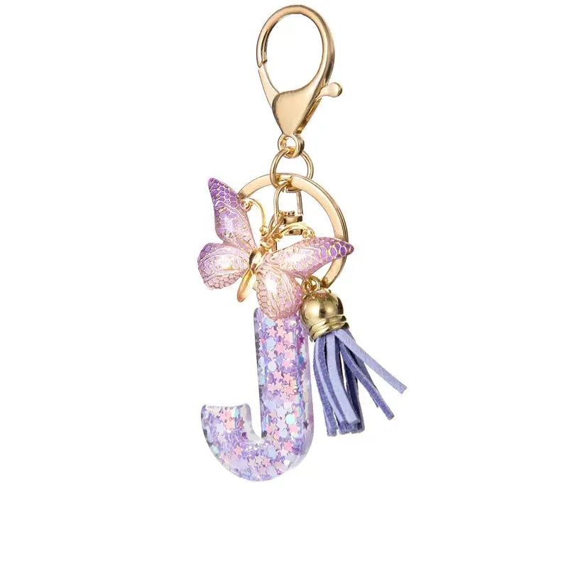 Sequin Letters Keychain For Women With Tassel Butterfly Pendant Initial Key Ring Purse Charm Car Key Chain Accessories