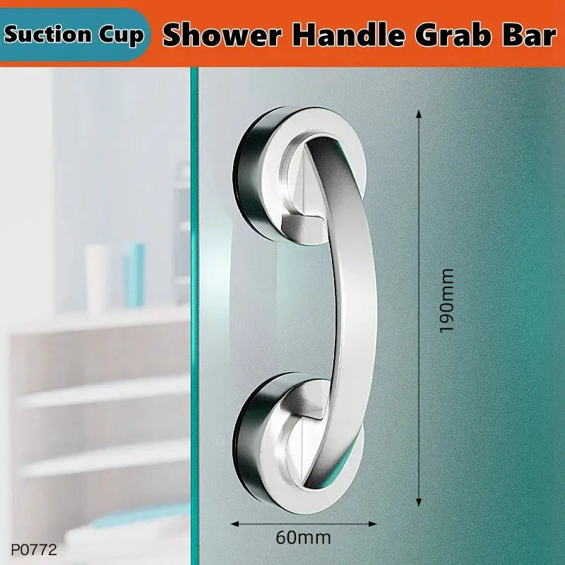 Shower handle grab bar in chrome with dual suction cups for bathroom safety